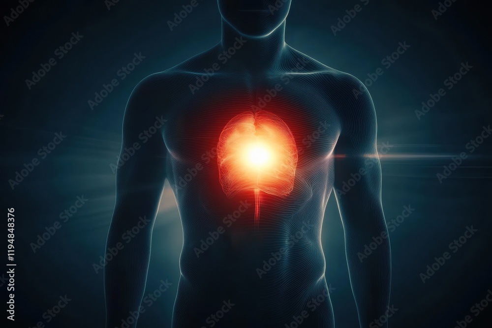 Poster human torso illuminated with a vibrant glow and a striking red focus at the stomach area during a co