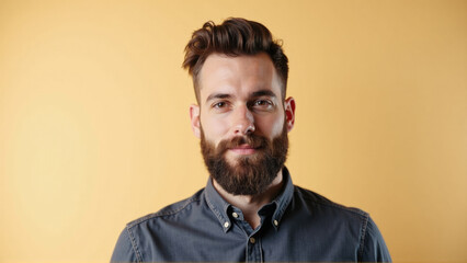 Obraz premium Young man smiling confidently in front of a bright yellow background during a casual portrait session