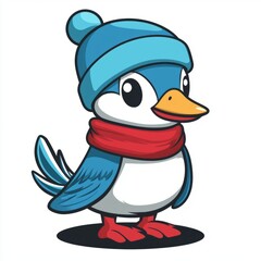 Fototapeta premium Adorable Cartoon Penguin Wearing Winter Hat and Scarf