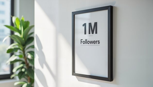 1M Followers framed sign with plant, indoor office decor for social media influence - Powered by Adobe