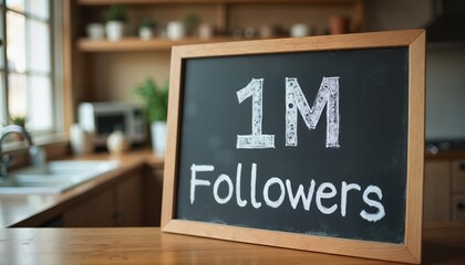 Chalkboard with 1M Followers in cozy kitchen, influencer milestone celebration