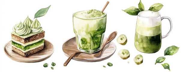 Watercolor set of Iced matcha latte in a glass, spoon with creamy green tea butter,isolated white background,menu matcha cafe,Japanese matcha latte,matcha tea,copy space.