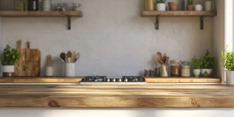 Fototapeta premium Modern kitchen countertop with wooden texture in foreground, blurred shelves with plants and utensils in soft focus, light neutral background.