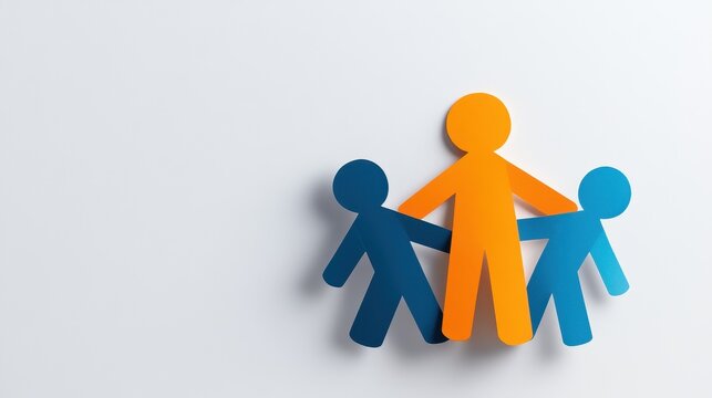 Teamwork and unity, three paper chain figures holding hands