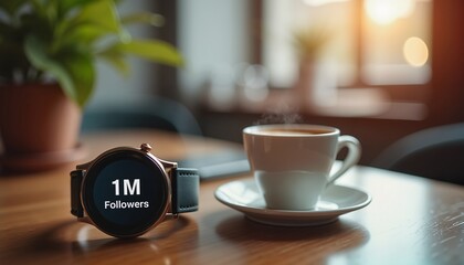 Smartwatch displaying 1M Followers alongside coffee cup, influencer success concept