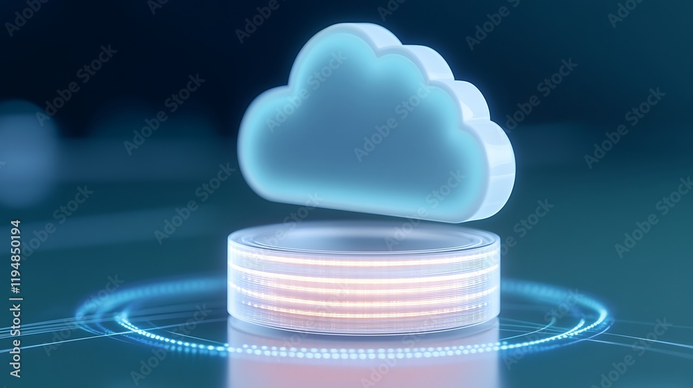 Poster modern cloud storage concept with abstract background and floating cloud icon above circular base
