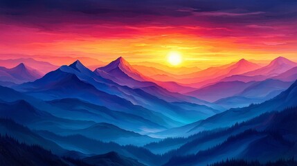 Obraz premium A mountain sunset with vibrant colors painting the sky, silhouette of peaks, golden hour, mountain sunset scene