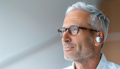 Fototapeta premium A professional headshot of a man in his 40s. He is wearing glasses and has a confident expression on his face. He is wearing a white shirt and black suit jacket.