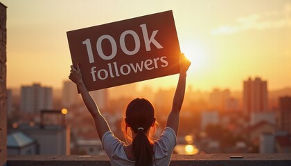 Young woman holding 100k followers sign at sunset on rooftop, social media success