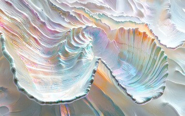 A radiant photo of a pearly shell texture with a kaleidoscope of pastel shades, including coral and turquoise, on a bright white surface