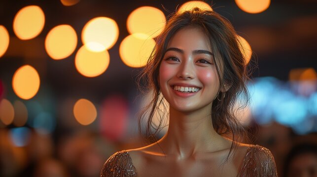 A person accepting an award on stage, smiling and proud, formal setting, bright lights, focused attention, dynamic view