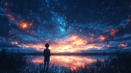 A person looking at a vast starry sky, contemplating their place in the universe, purpose, reflection, open scene, dark sky