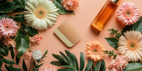 Beauty Products and Cosmetics with Comb and Flowers in 8K, Vibrant and Elegant Design for Skincare and Beauty Promotions