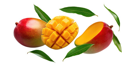 mango fruit with leaves isolated on white  transparent background PNG