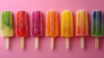 A row of colorful popsicles with different flavors, summer snacks, fun and playful, bright background, detailed, close-up