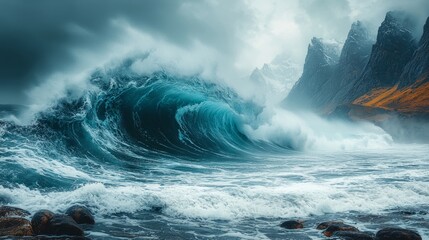 A rugged coastline with crashing waves, dramatic ocean scenery, rocky beach view