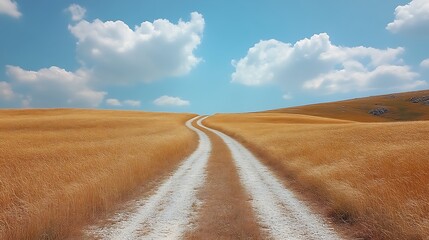 Fototapeta premium Winding dirt road through golden field under blue sky.