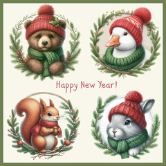 Christmas pencil drawing animal faces clipart. Winter animal heads with cute goose, squirrel, bear, bunny, rabbit