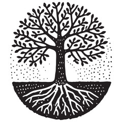 simple Hand drawn tree with roots flat vector illustration linocut

