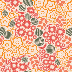 Seamless pattern with hand-drawn doodle flowers. Vector illustration.