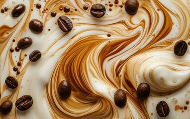 Rich coffee beans and colored cream create dynamic, swirling patterns against a clean backdrop.