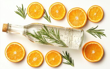 A refreshing glass bottle of sparkling water infused with orange slices and rosemary sprigs on a clean white background