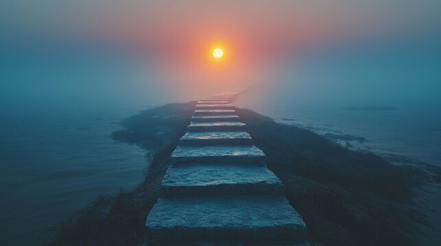 A series of steps leading to a single bright light, symbolizing a journeys end, achievement, progress, focus, minimalist