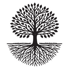 simple Hand drawn tree with roots flat vector illustration linocut

