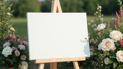 Blank canvas on wooden easel surrounded by flowers in a serene outdoor setting during daylight