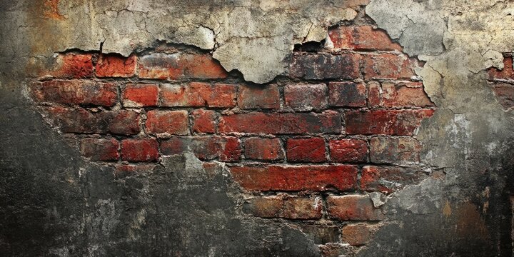 Fototapeta Textured aged wall background featuring weathered gray and red brick, with cracked plaster in a rugged arrangement across the surface.