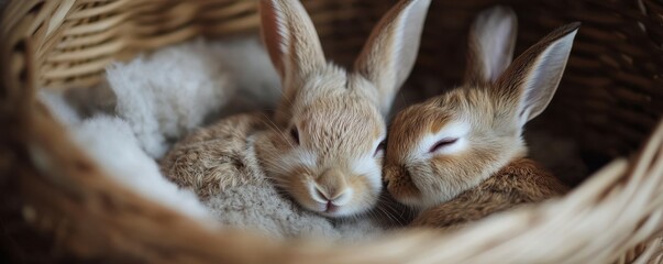 A rabbit couple snuggling close in a cozy basket, 4k photo.