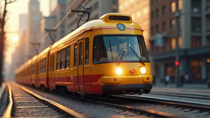 Bright yellow train travels through a bustling city street during sunset