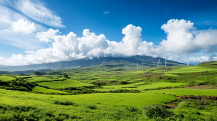 Fototapeta premium Breathtaking landscape view of wind turbines green fields daytime nature