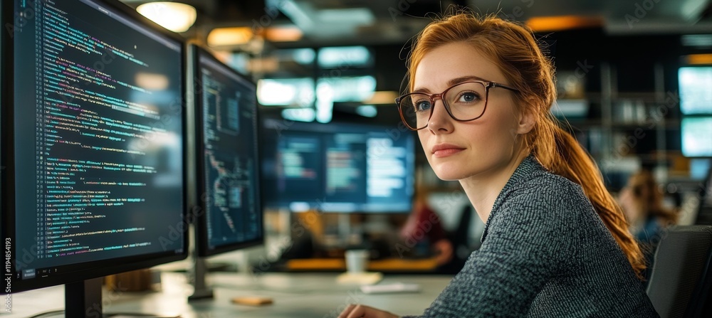 Poster confident female coder focused on developing innovative saas platform in modern tech office