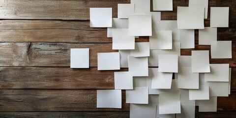Blank white adhesive paper notes scattered on a rustic wooden background arranged asymmetrically with varying sizes and positions of notes.