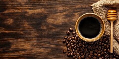 Top view of a dark cup of coffee surrounded by roasted brown coffee beans on a wooden table with a honey dipper and ample copy space on the right