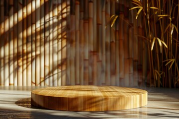 Bamboo Background with Round Wooden Platform and Natural Light Effects