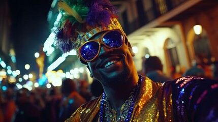 A cheerful man in gold sequins and feathered hat at a vibrant nighttime carnival celebration