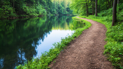 Obraz premium Serene river path surrounded by lush green trees in a peaceful natural setting.