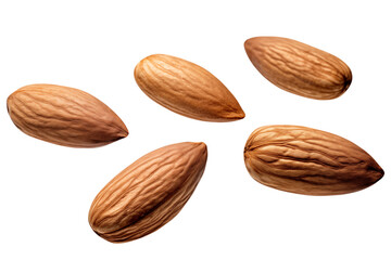 Levitation of almonds isolated on transparent background, close-up.