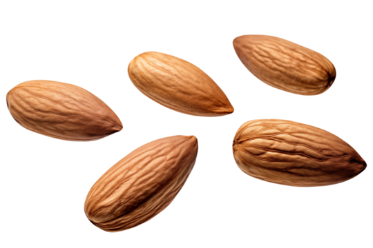 Levitation of almonds isolated on transparent background, close-up.