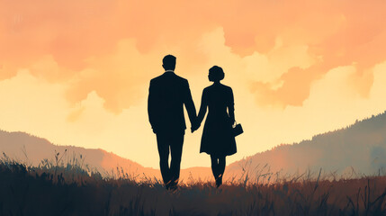 Fototapeta premium Silhouetted couple holding hands against a stunning sunset backdrop in nature.