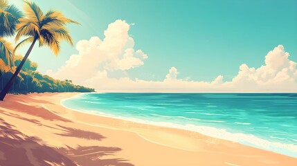 Obraz premium Tropical beach landscape with clear turquoise water and palm trees under a blue sky