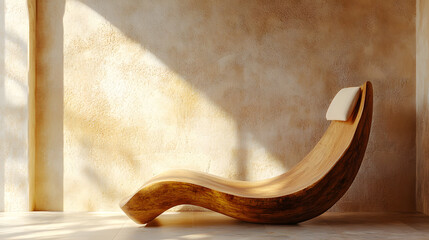 Artistic wooden chair placed in a bright space, showcasing creative, contemporary design.