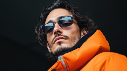 Fototapeta premium Stylish Man in Orange Puffer Jacket and Sunglasses