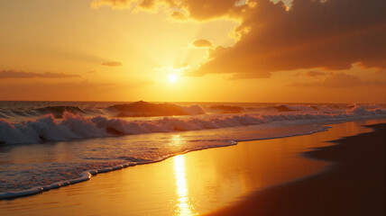 Fototapeta premium Sunset over the ocean creates golden reflections on the wet sand at a serene beach