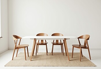 Nordic-Style Dining Room with White Table, Wooden Chairs, Indoor Rug, High-Definition Quality, 3D Rendering, Product View, Product Perspective, Simple Background, Natural Light, Bright Colors, Warm At