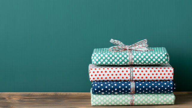 Stack of beautifully wrapped gifts with colorful patterns on a rustic wooden surface.