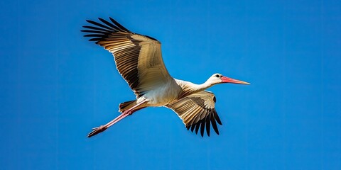 Obraz premium Graceful stork Ciconia ciconia in flight against a clear blue sky with wide wings spread and vibrant red beak showcasing migration journey