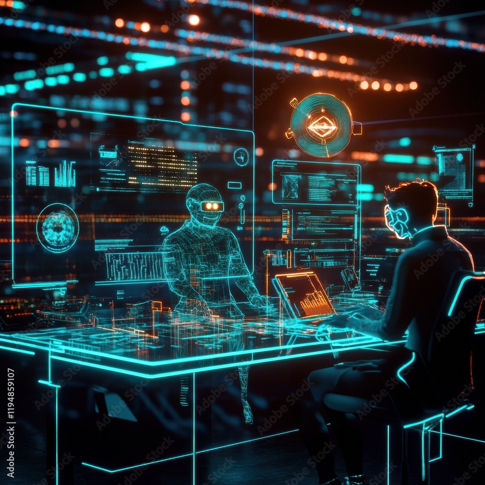 Poster Digital workspace featuring virtual avatars collaborating on technology and data analysis. Generative AI